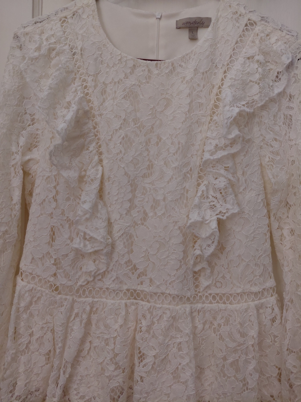 Wonderly White Floral Lace Ruffle Peplum Long Sleeve Top Blouse Large L - Picture 6 of 7